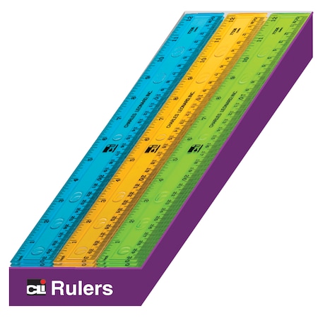 Charles Leonard Plastic Ruler, 12in Ruler, Assorted Translucent Colors, PK 36 80336ST